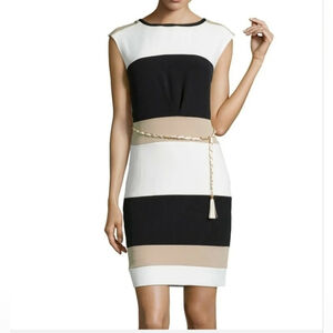 Sandra Darren Collection Neutral and Ivory Stretch Crepe Colorblock Sheath Dress